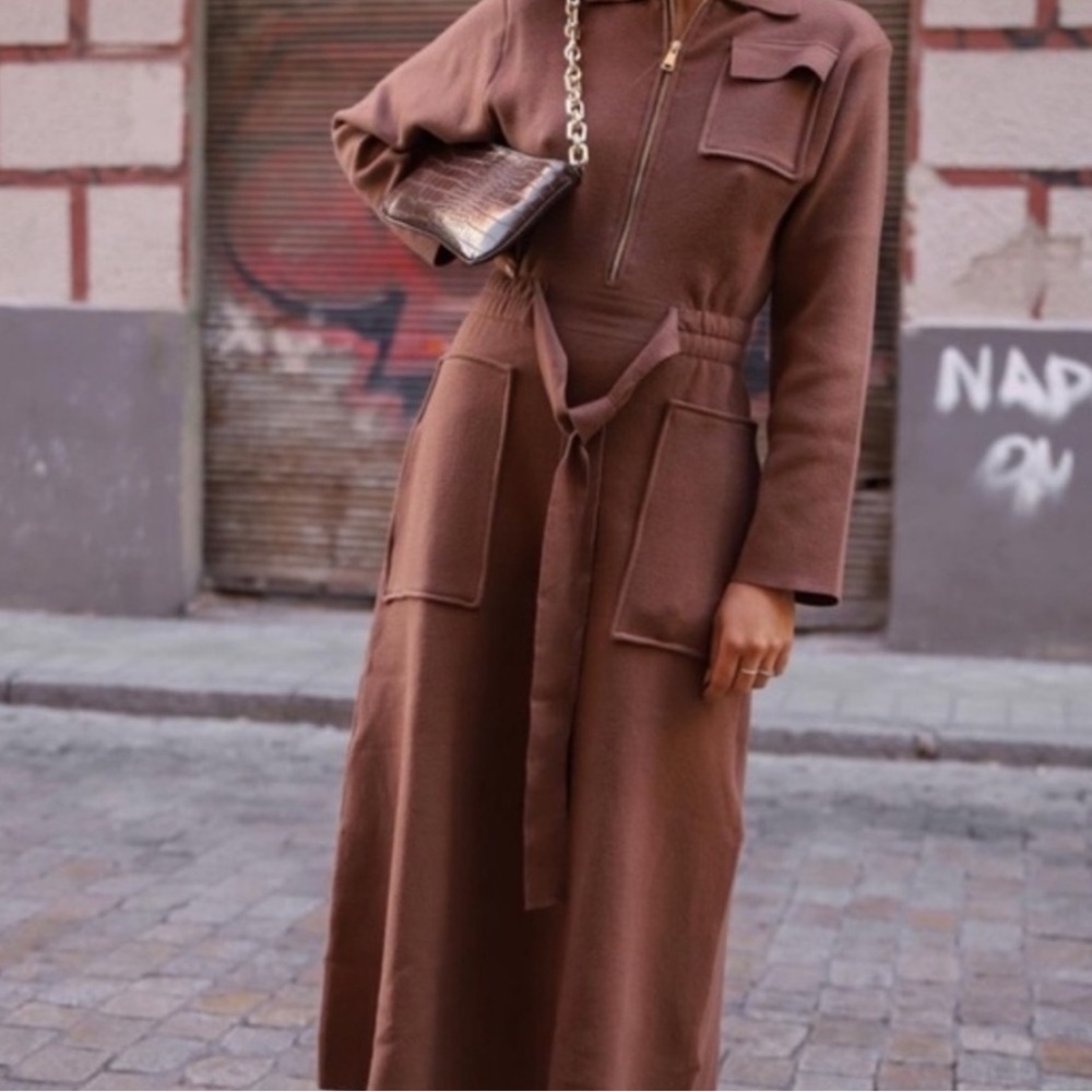 Zara Long Sleeve Collared Knit Sweater Dress with Zipper Brown